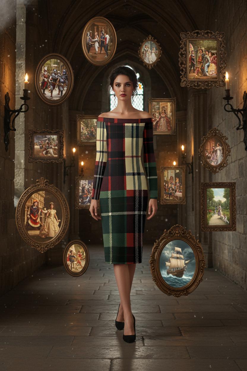 Burgundy tartan off shoulder midi dress by Angelic Blessings Shop worn by model in vintage gallery setting