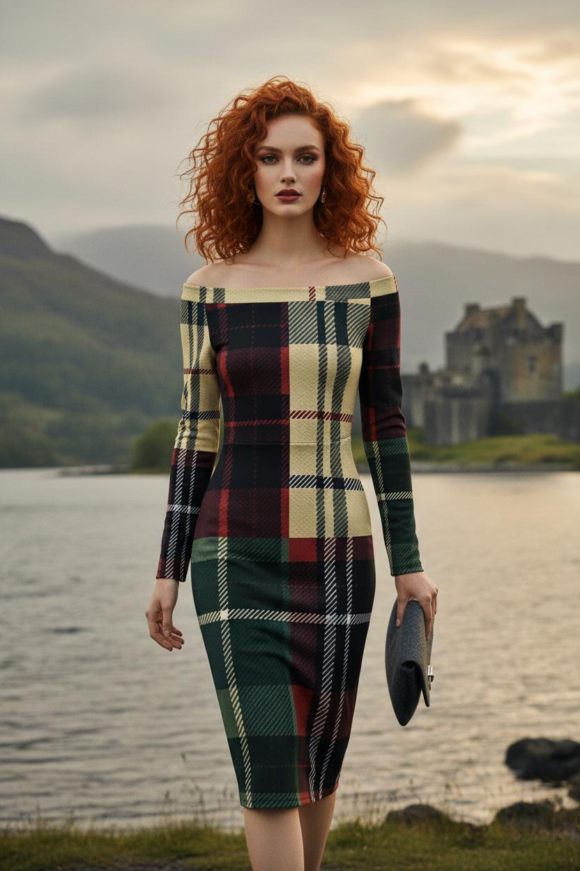 Burgundy tartan off shoulder midi dress worn by woman outdoors near lake with castle background