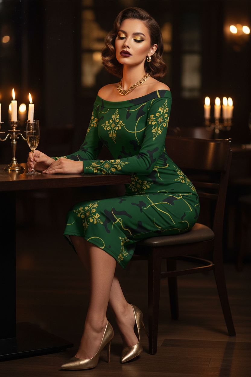 Camo Gold Barogue wrap dress elegant evening outfit with gold heels and jewelry