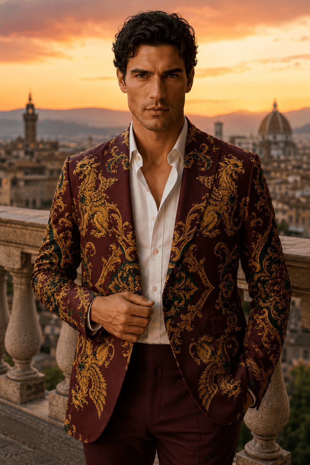 A relaxed casual blazer outfit for men combining an ornamental burgundy cotton jacket with dark wash denim jeans.