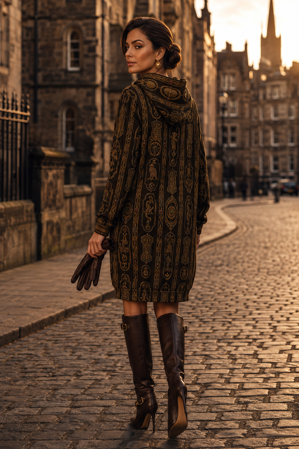 Chocolate Brown & Gold Velvet Hoodie Dress XS 4XL Elegant Evening Outfit with Boots