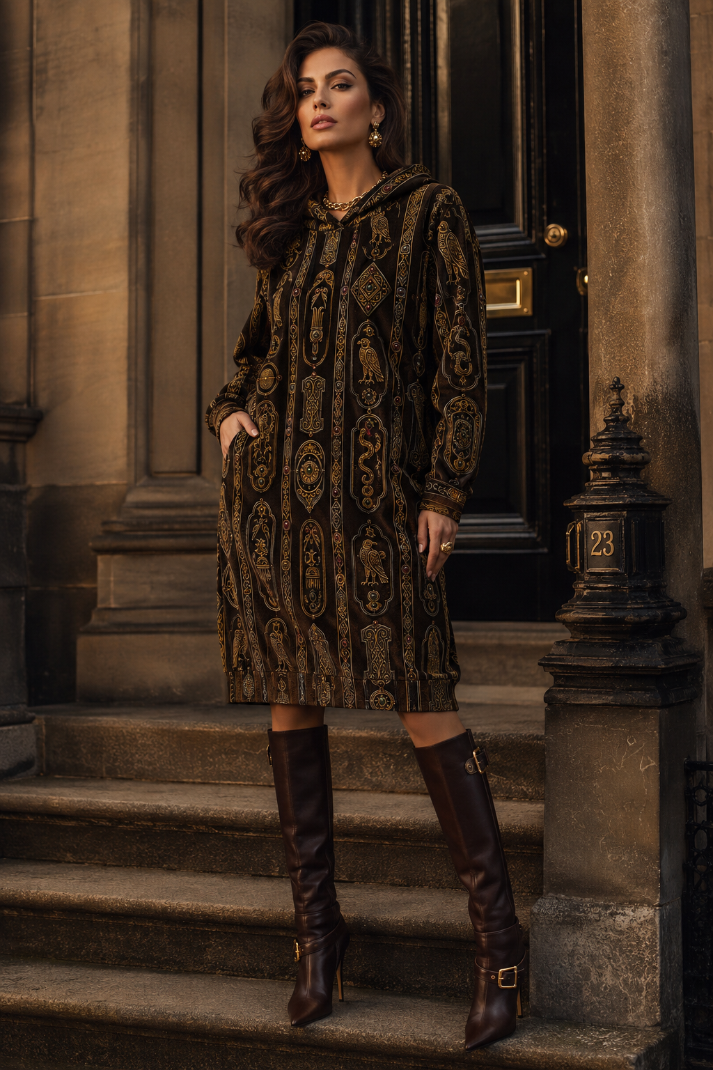 Chocolate Brown & Gold Velvet Hoodie Dress- Ancient Pictish Elegant Evening Outfit