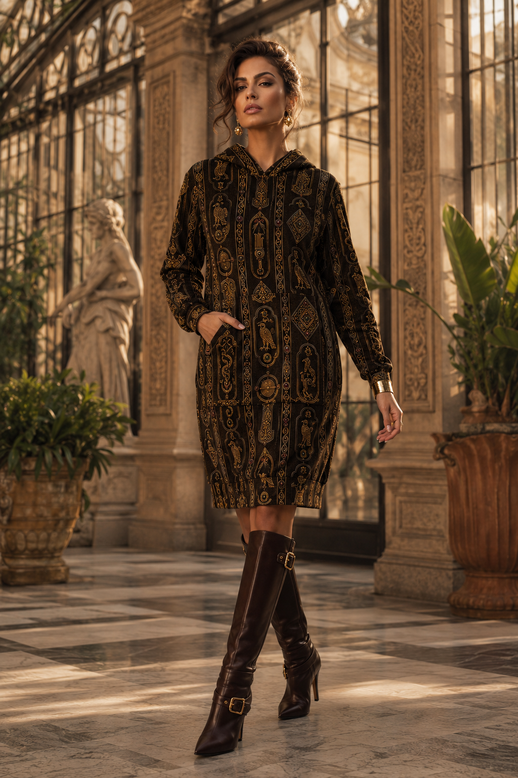 Chocolate Brown & Gold Velvet Hoodie Dress Ancient Pictish elegant evening outfit with boots