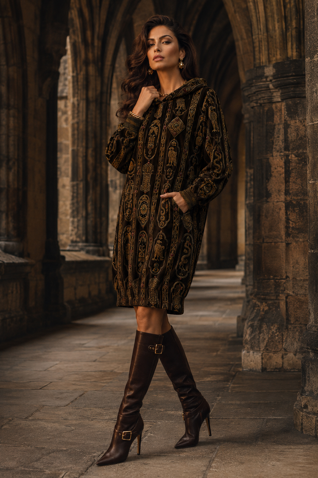 Chocolate Brown & Gold Velvet Hoodie Dress Ancient Pictish elegant evening outfit style