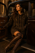 Chocolate Brown & Gold Velvet Hoodie Dress Ancient Pictish elegant evening outfit with knee high boots