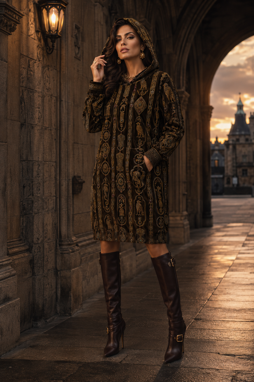 Chocolate Brown & Gold Velvet Hoodie Dress Ancient Pictish Elegant Evening Outfit