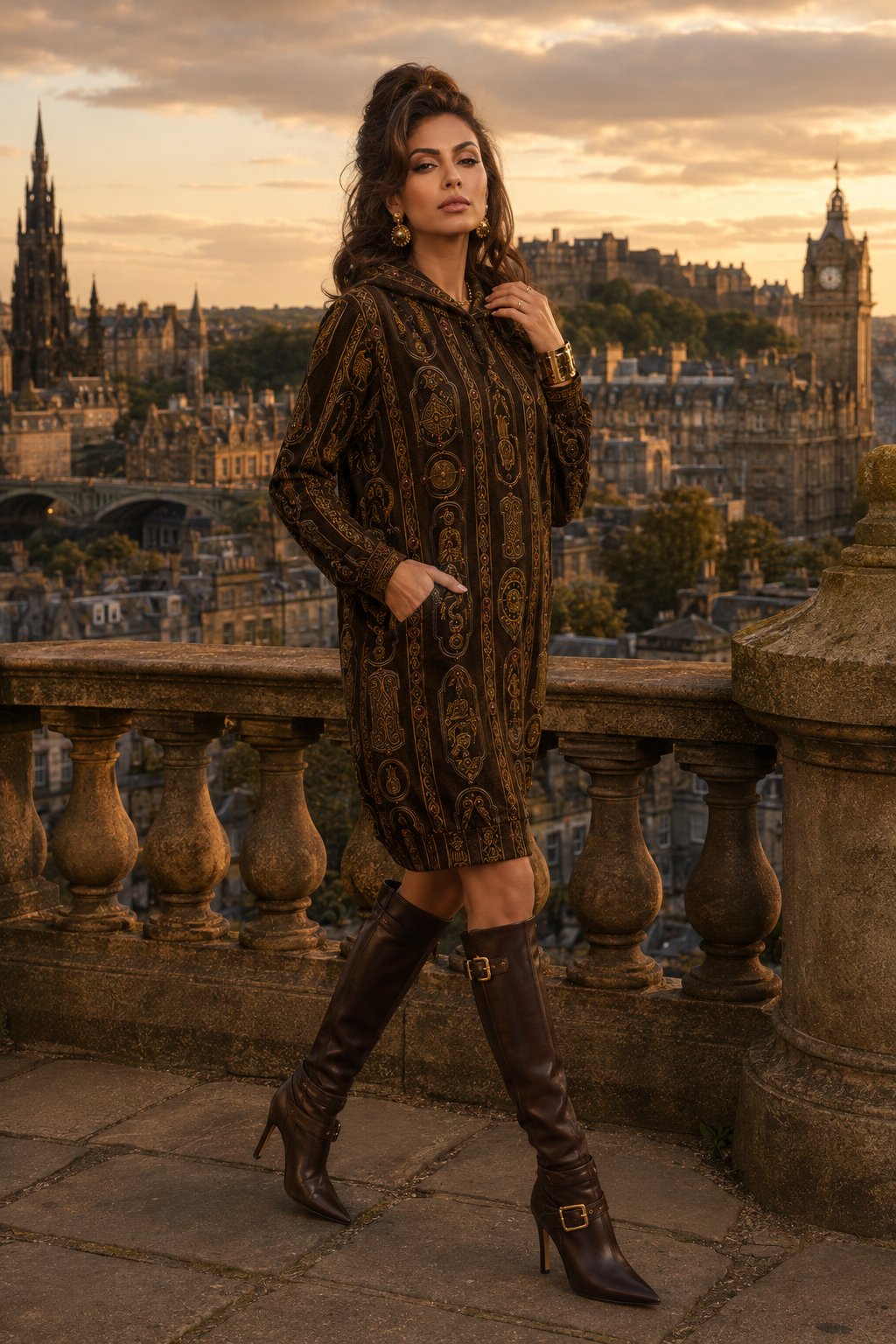 Chocolate Brown & Gold Velvet Hoodie Dress- Ancient Pictish Elegant Evening Outfit with Knee High Boots