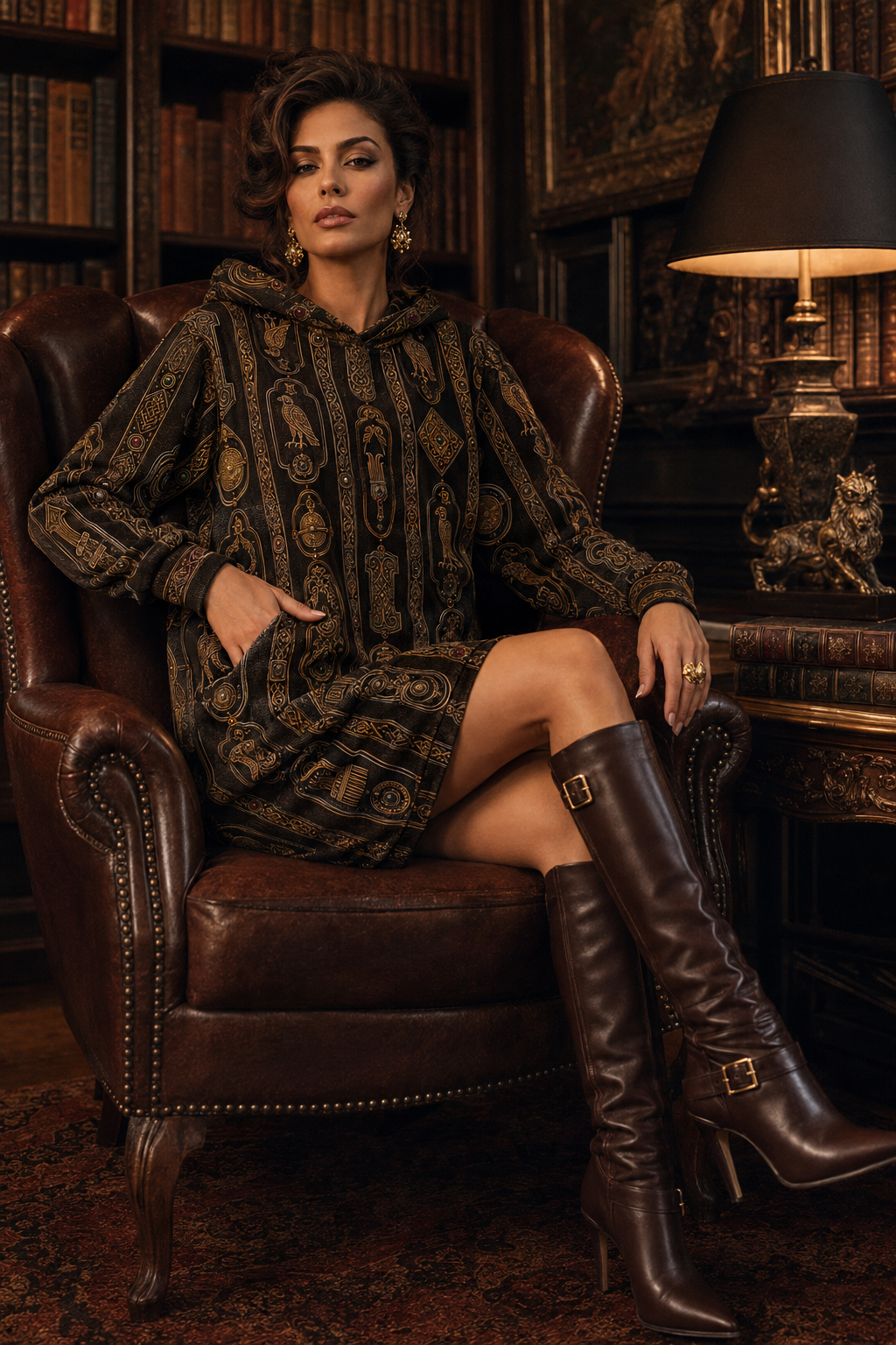 Chocolate Brown & Gold Velvet Hoodie Dress Ancient Pictish Elegant Evening Outfit with Knee High Boots