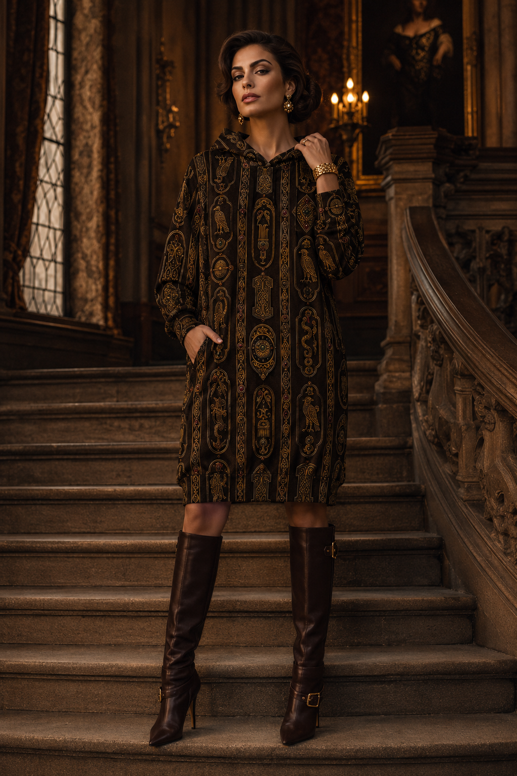 Chocolate Brown & Gold Velvet Hoodie Dress- Ancient Pictish Elegant Evening Outfit with Boots