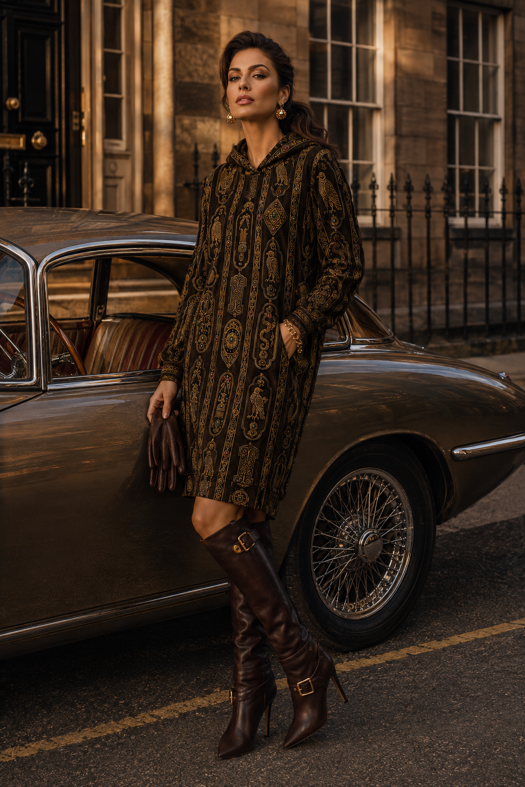 Chocolate Brown & Gold Velvet Hoodie Dress Ancient Pictish Elegant Evening Outfit Fashion