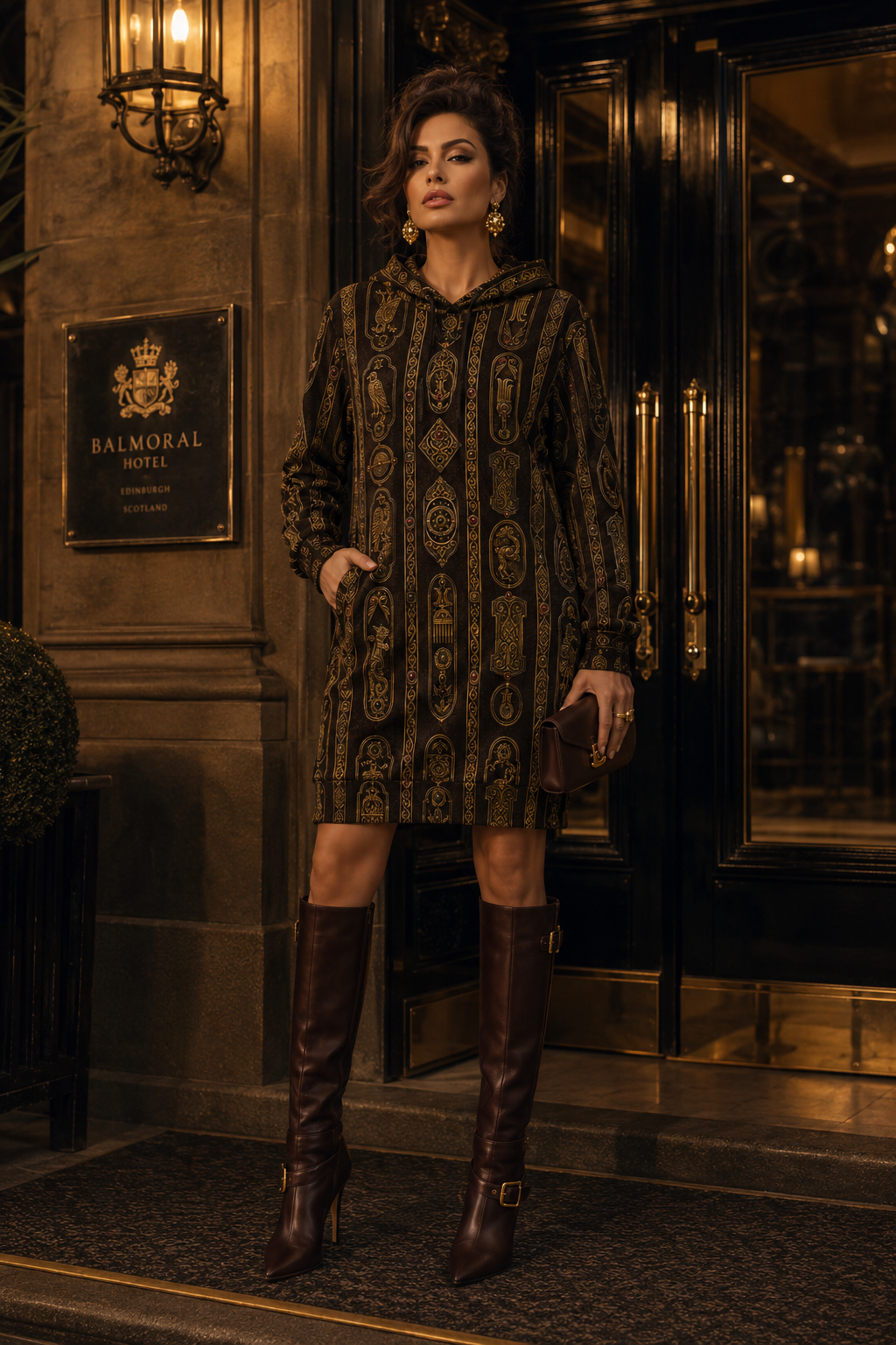 Chocolate Brown & Gold Velvet Hoodie Dress Ancient Pictish elegant evening outfit with knee-high boots