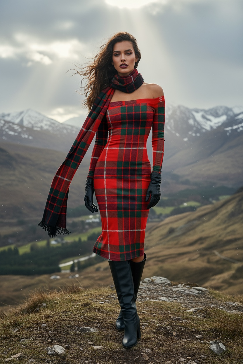 Woman wearing a Clan Fraser tartan off shoulder dress with matching scarf and black boots in a mountainous landscape