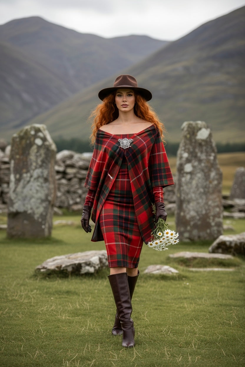 Woman wearing Clan Fraser tartan off shoulder dress with matching shawl and brown hat in outdoor mountain setting