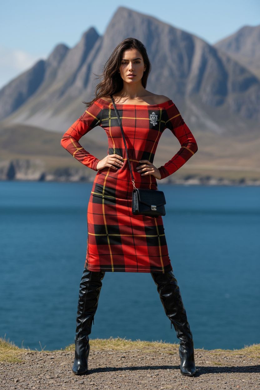 Clan Wallace Tartan Off-The-Shoulder Long Sleeve Midi Bodycon Wrap Dress - Angelic Blessings