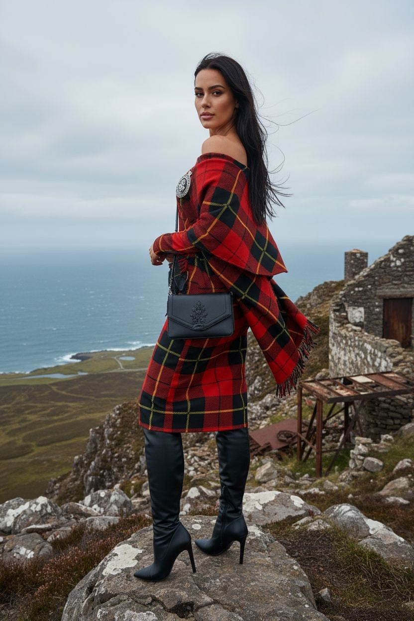 Clan Wallace Tartan Off-The-Shoulder Long Sleeve Midi Bodycon Wrap Dress - Angelic Blessings
