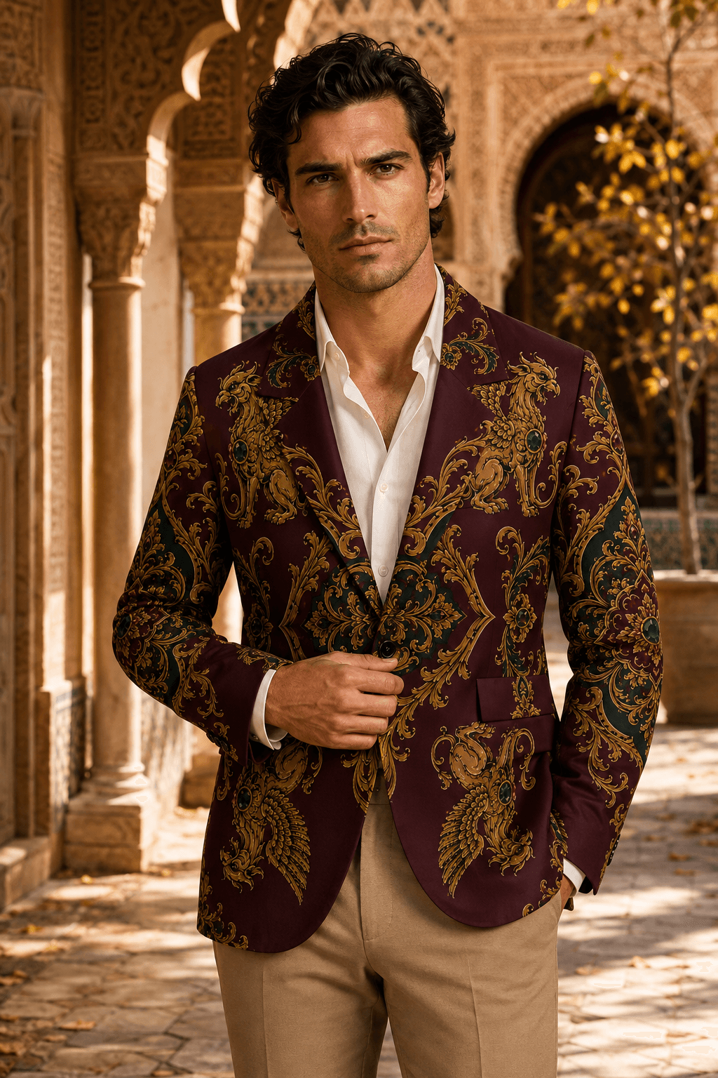 Contemporary heritage styling with a deep wine-red printed blazer, ivory shirt, khaki chinos, and dark brown leather loafers.