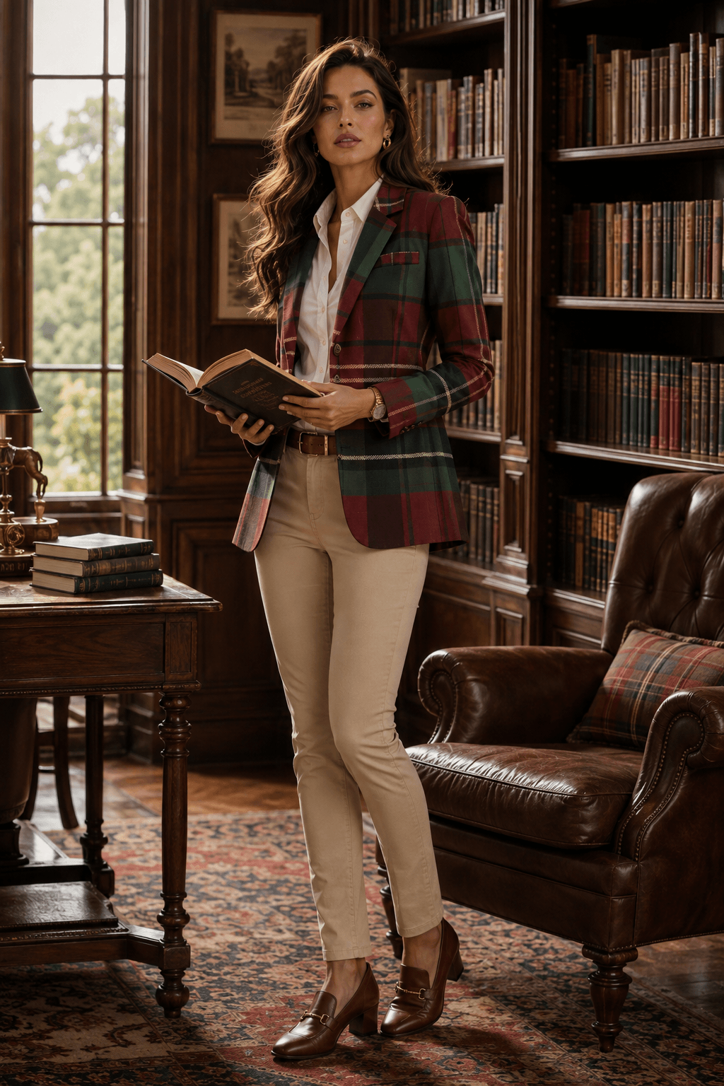 Professional yet edgy corporate chic office outfit featuring a tailored burgundy and green tartan jacket for women.