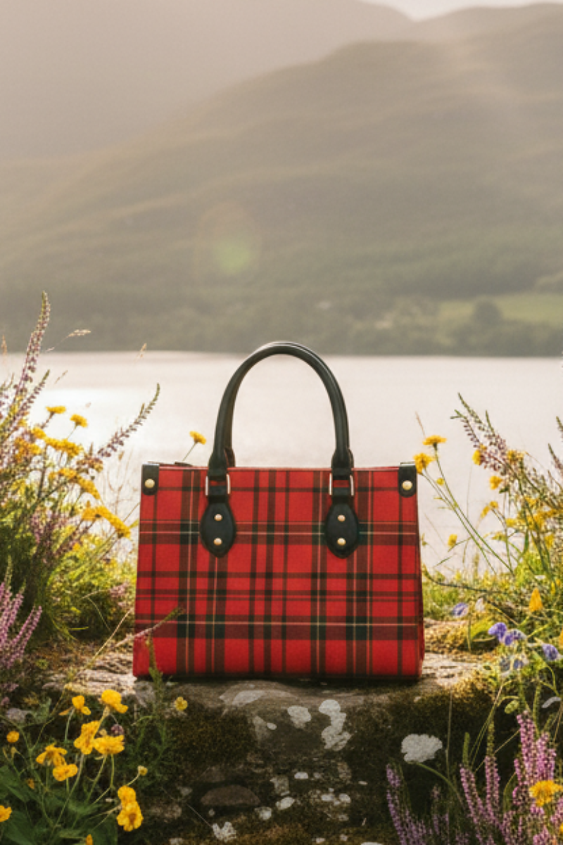Red plaid handbag  by Angelic Blessings shop on a stone wall with a scenic background of mountains and water.