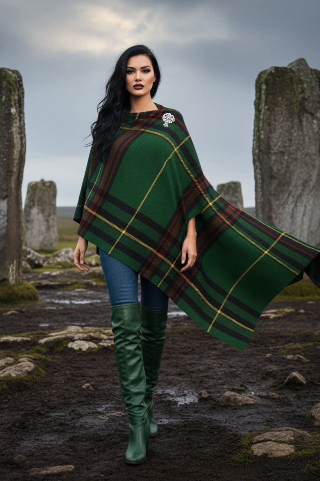 Model wearing Cramond tartan ruana shawl in green and brown by Angelic Blessings Shop in outdoor stone circle