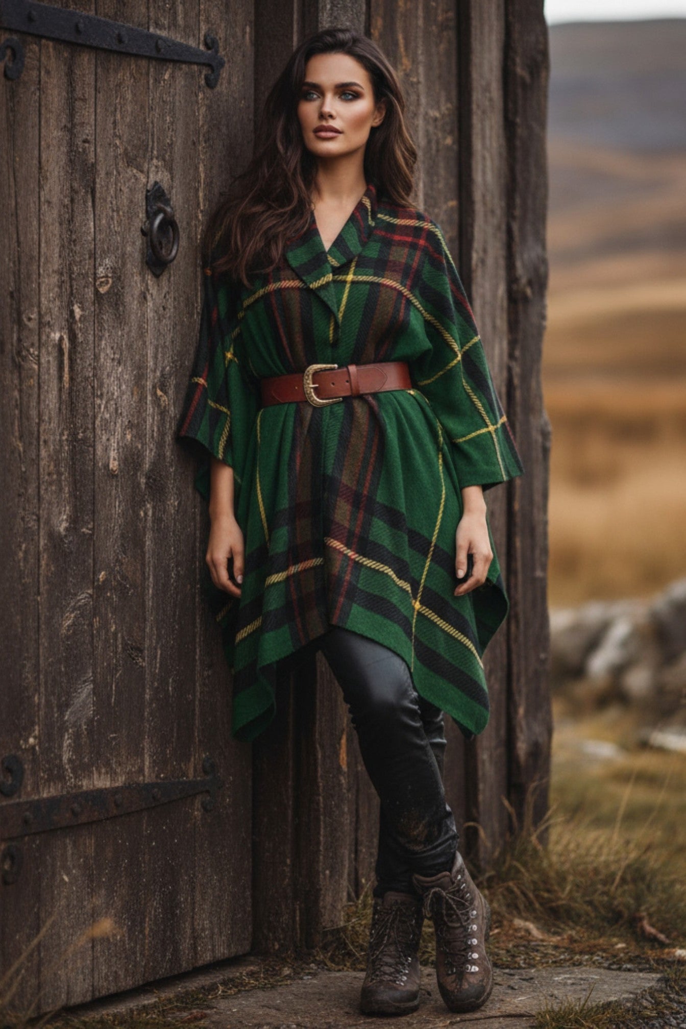Woman wearing Cramond tartan ruana shawl in green with brown belt standing by wooden door