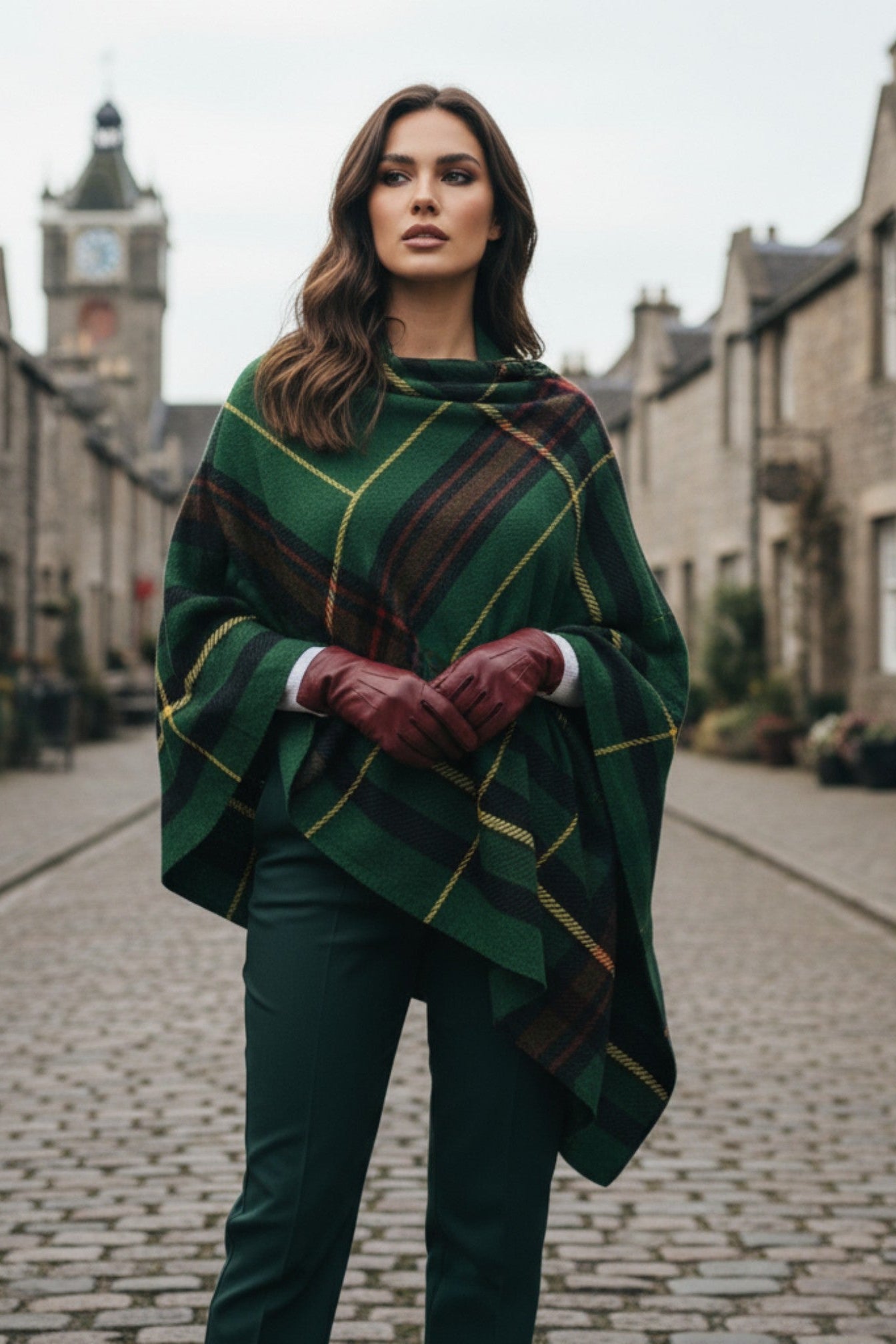 Woman wearing green and black Cramond tartan ruana shawl from Angelic Blessings Shop on a cobblestone street