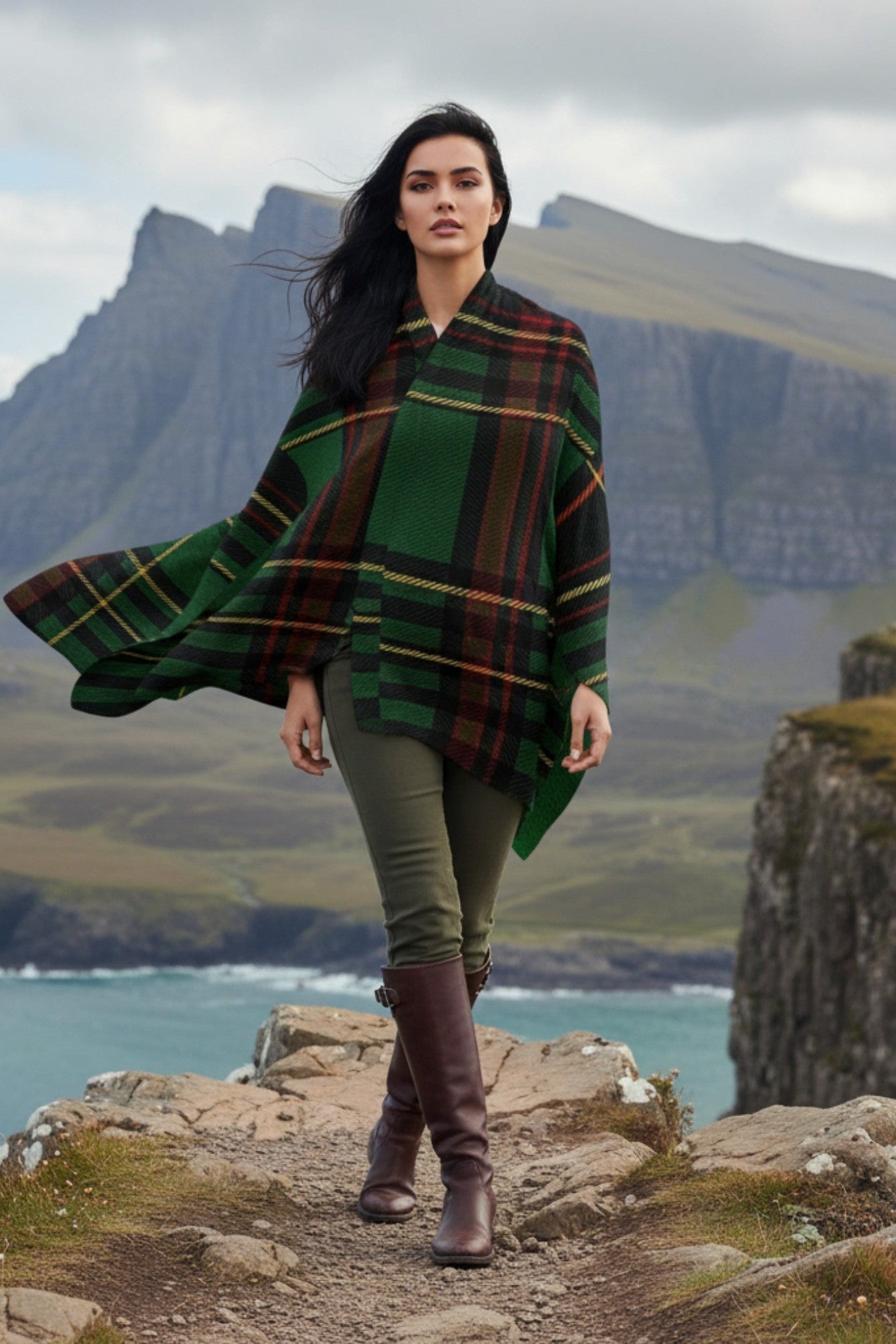 Woman wearing Angelic Blessings Shop Cramond tartan ruana shawl in green and brown over casual outfit on cliffside