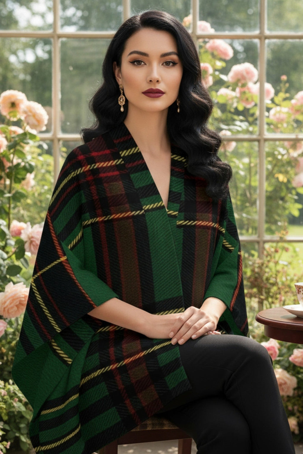 Woman wearing Cramond tartan ruana shawl with green and black plaid sitting in floral garden