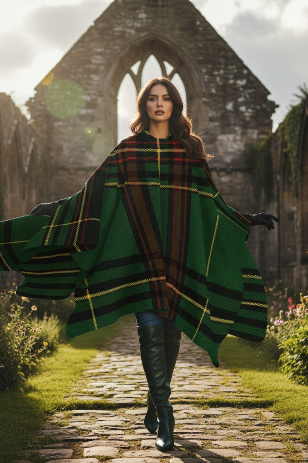 Woman wearing Cramond tartan ruana shawl in green plaid design walking outdoors by old stone ruins