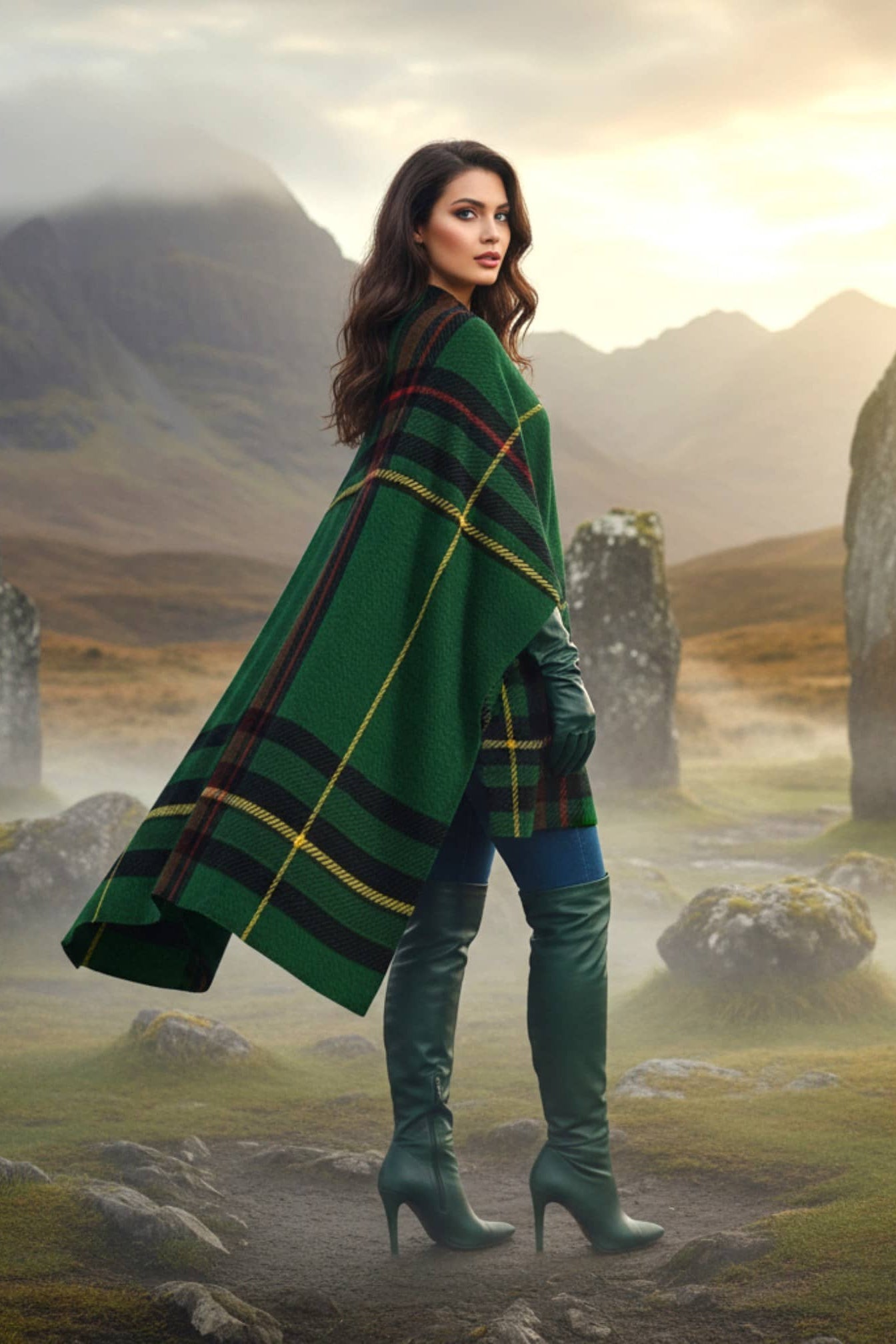 Woman wearing green Cramond tartan ruana shawl standing in misty mountain landscape
