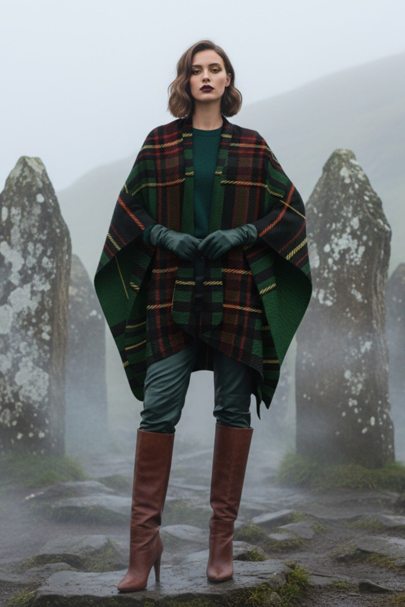 Woman wearing Cramond tartan ruana shawl with green gloves and brown boots in misty stone circle