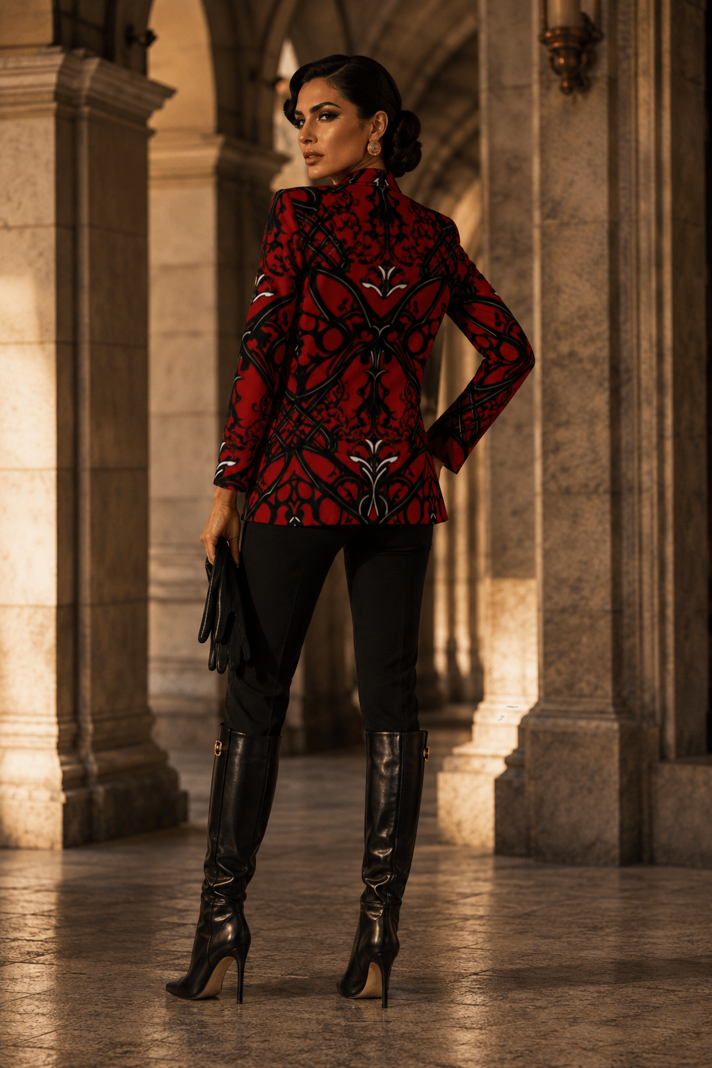 Crimson & Black Ornamental women's blazer elegant evening outfit with exquisite design