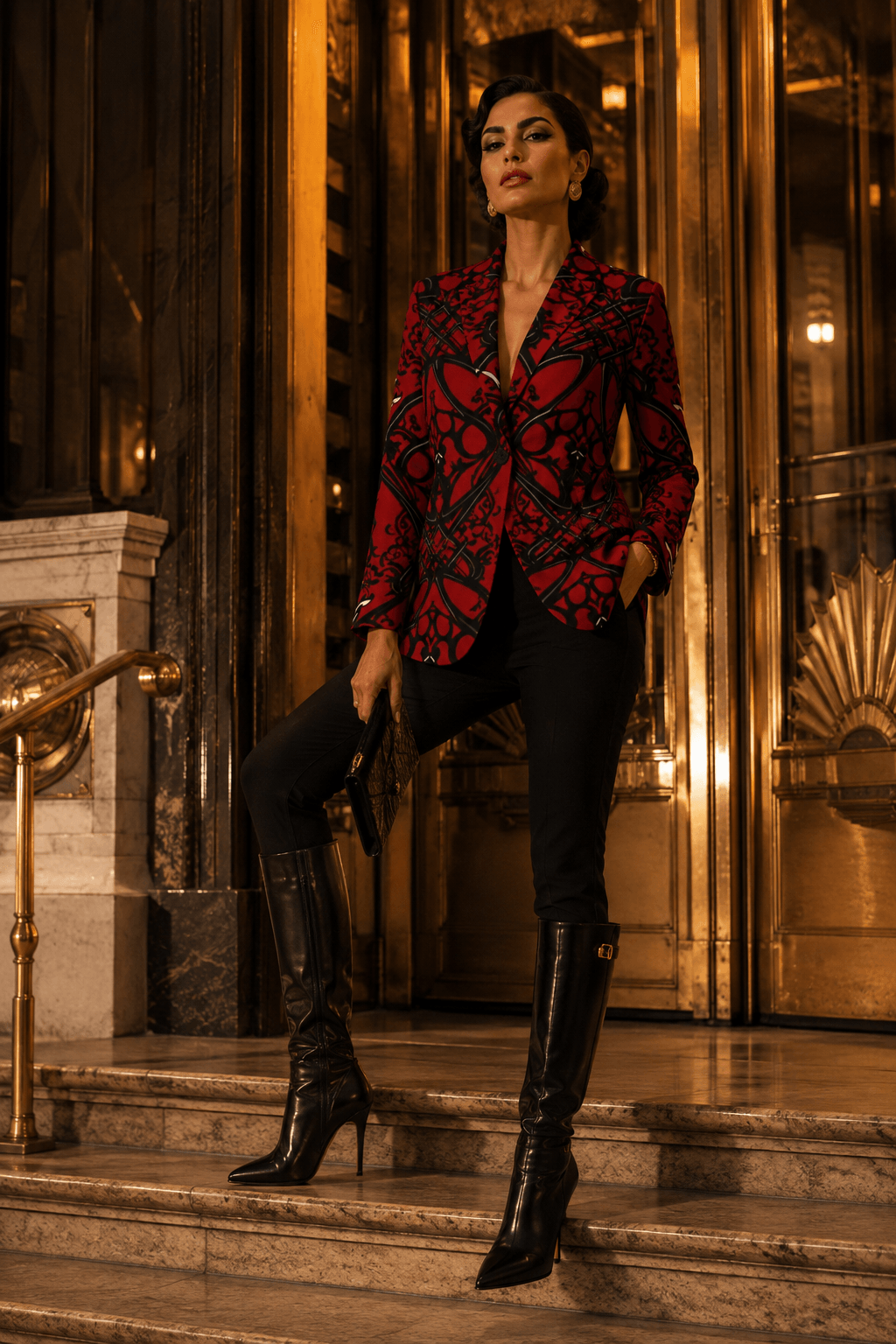 Crimson & Black Ornamental women's blazer elegant evening outfit with stylish black pants