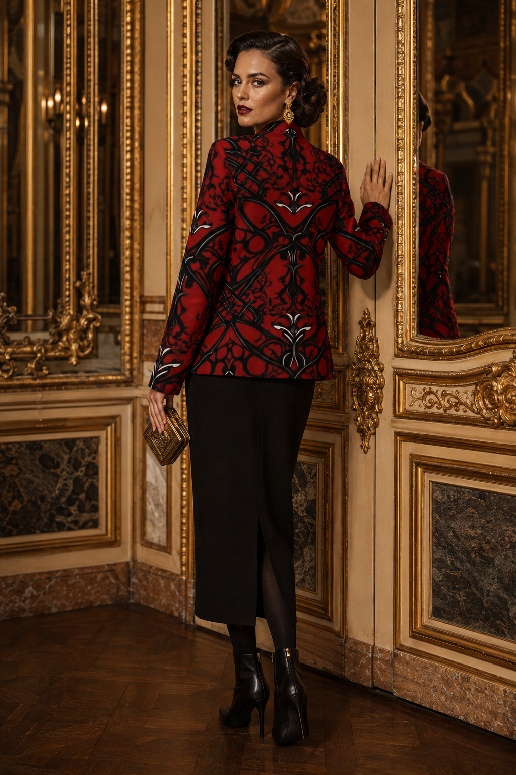 Crimson & Black Ornamental Women's Blazer Elegant Evening Outfit Formal Wear