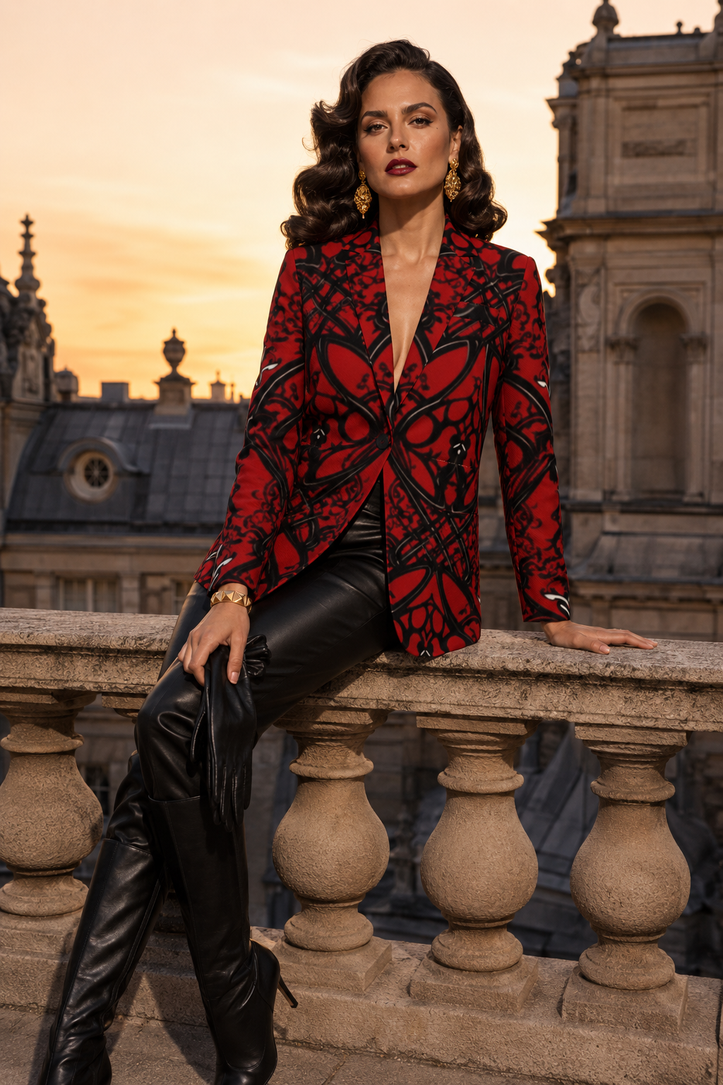 Crimson & Black Ornamental Women's Blazer Elegant Evening Outfit with Leather Pants