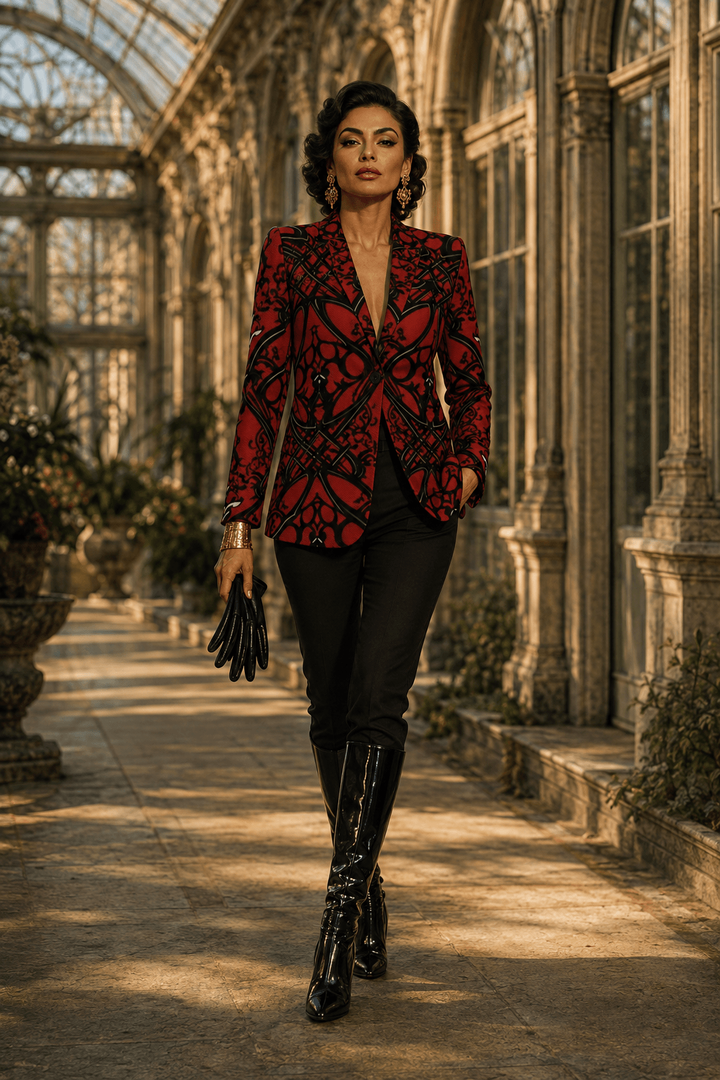 Crimson & Black Ornamental women's blazer elegant evening outfit with fitted silhouette