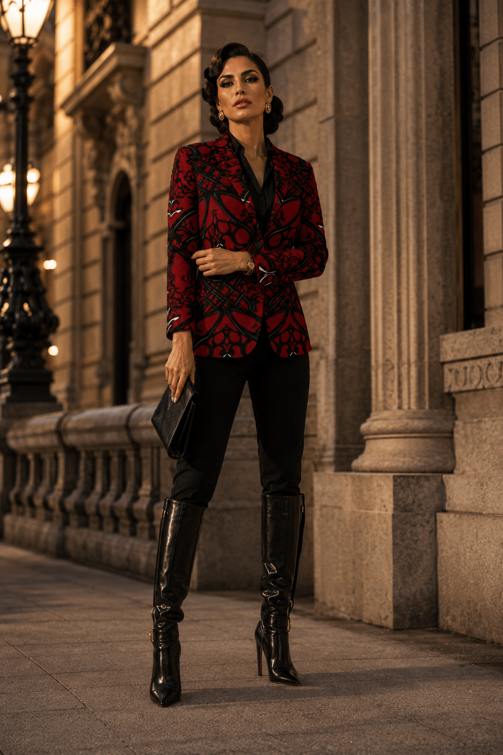 Crimson & Black Ornamental Women's Blazer Elegant Evening Outfit with Stylish Accessories
