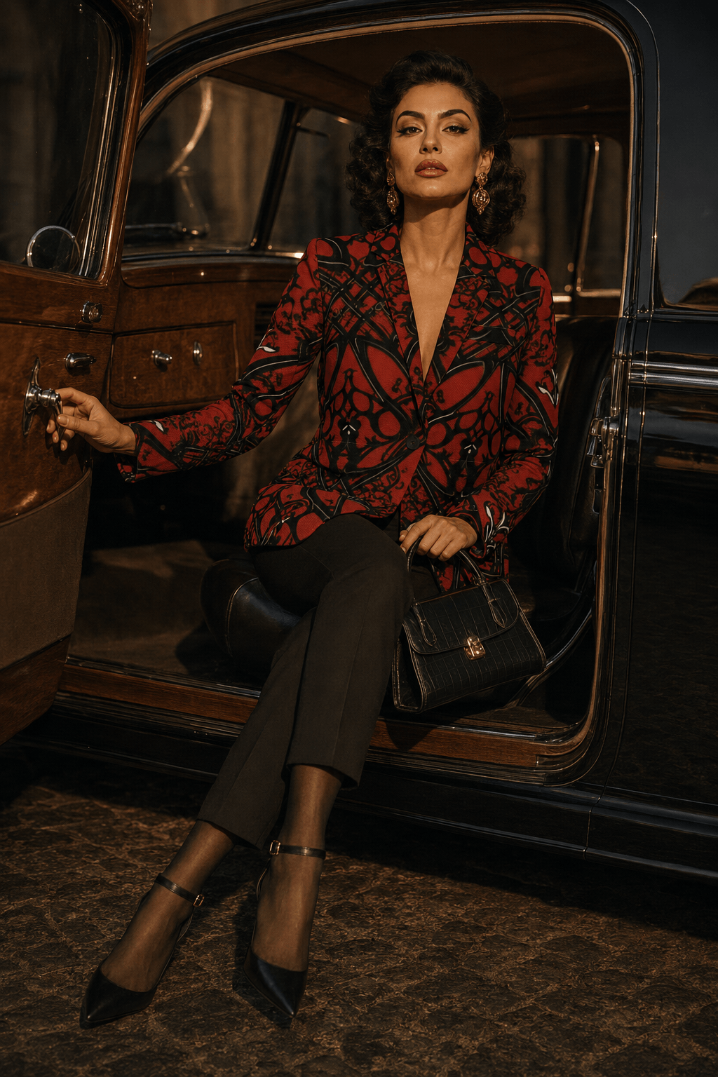 Crimson & Black Ornamental women's blazer elegant evening outfit with stylish design