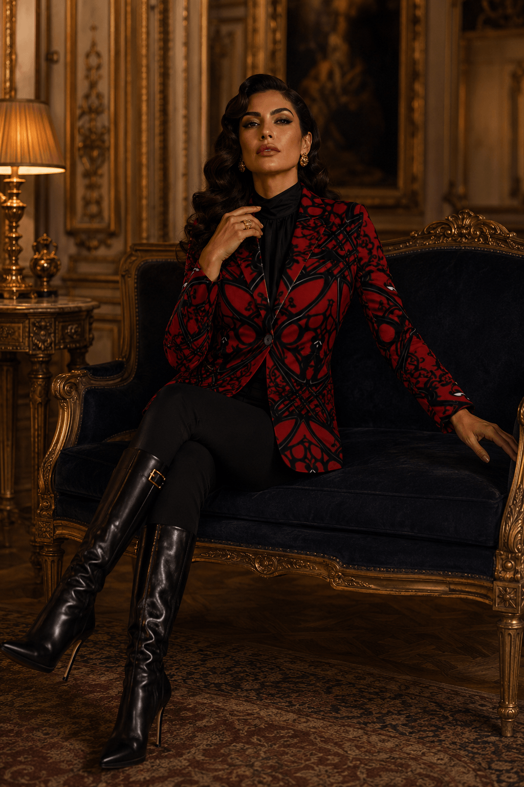 Crimson & Black Ornamental women's blazer elegant evening outfit with stylish black boots