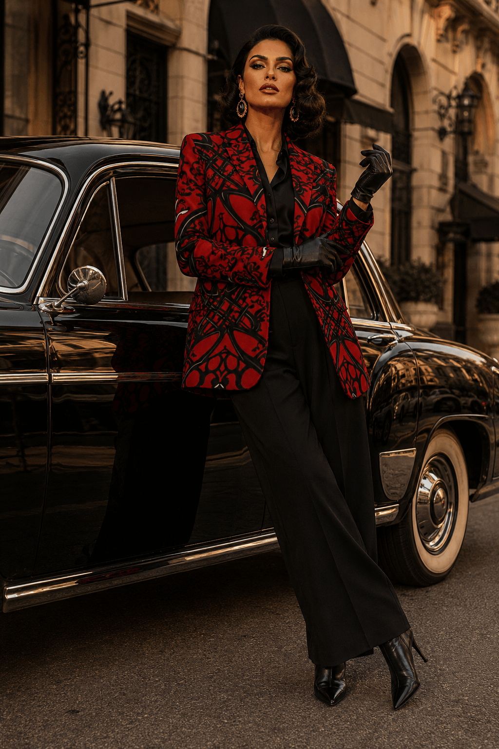 Crimson & Black Ornamental Women's Blazer Elegant Evening Outfit Stylish Formal Wear