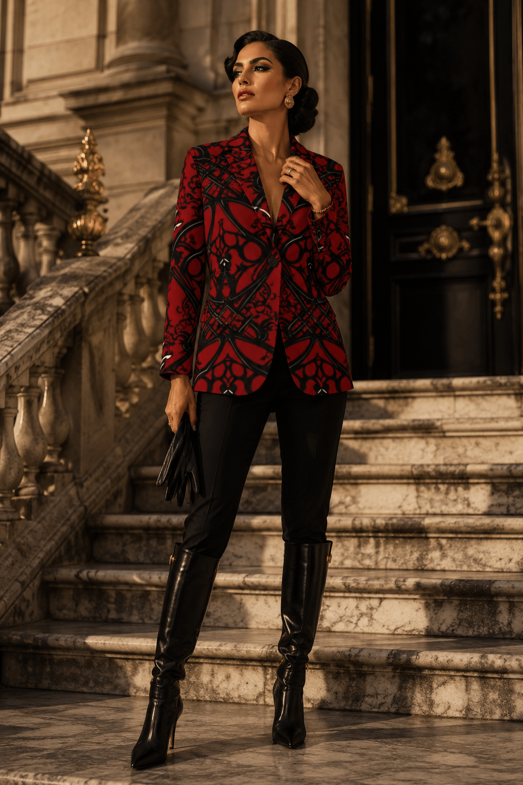 Crimson & Black Ornamental women's blazer elegant evening outfit with black pants and boots