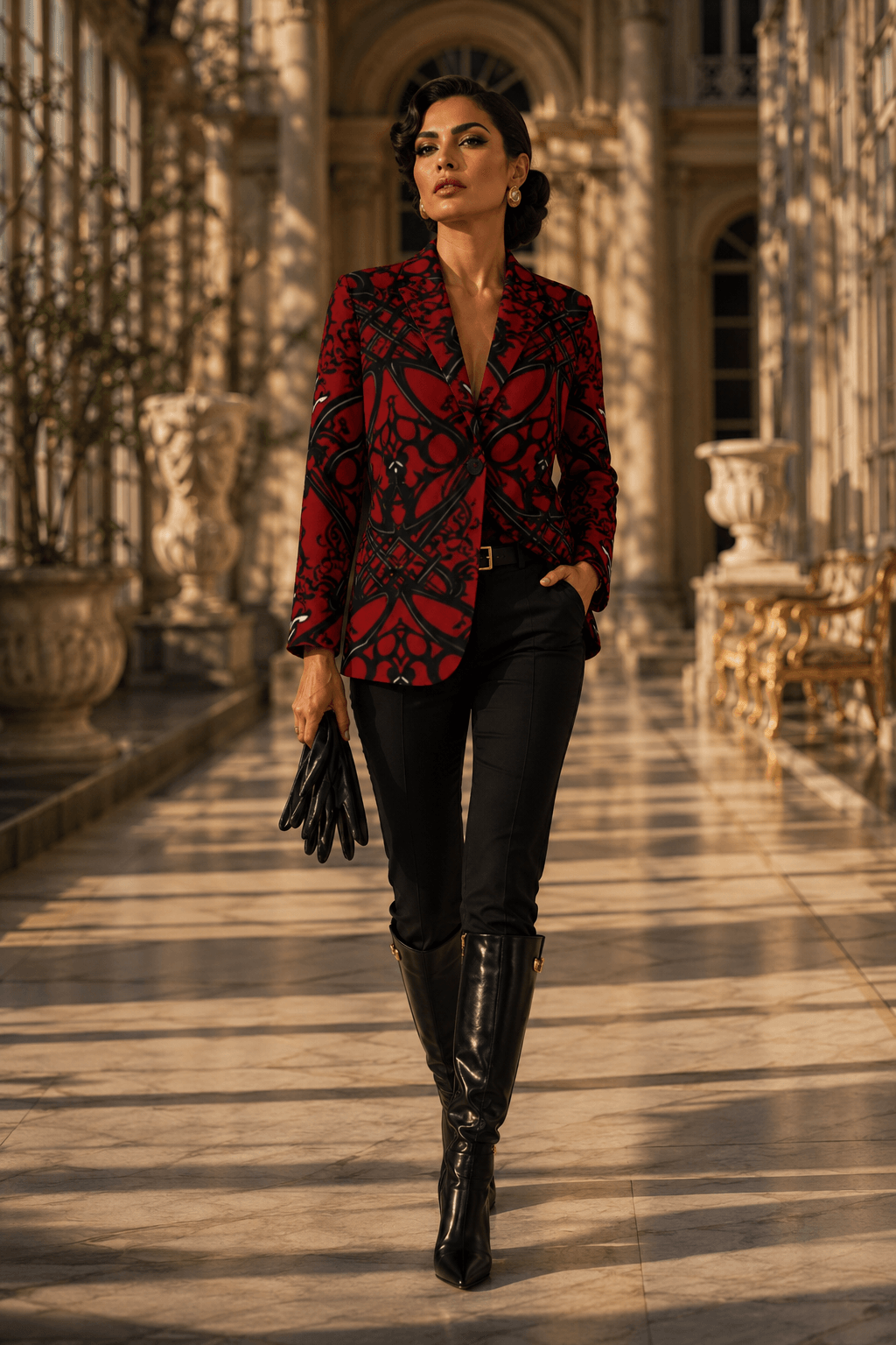 Crimson & Black Ornamental Women's Blazer Elegant Evening Outfit Stylish Fashion