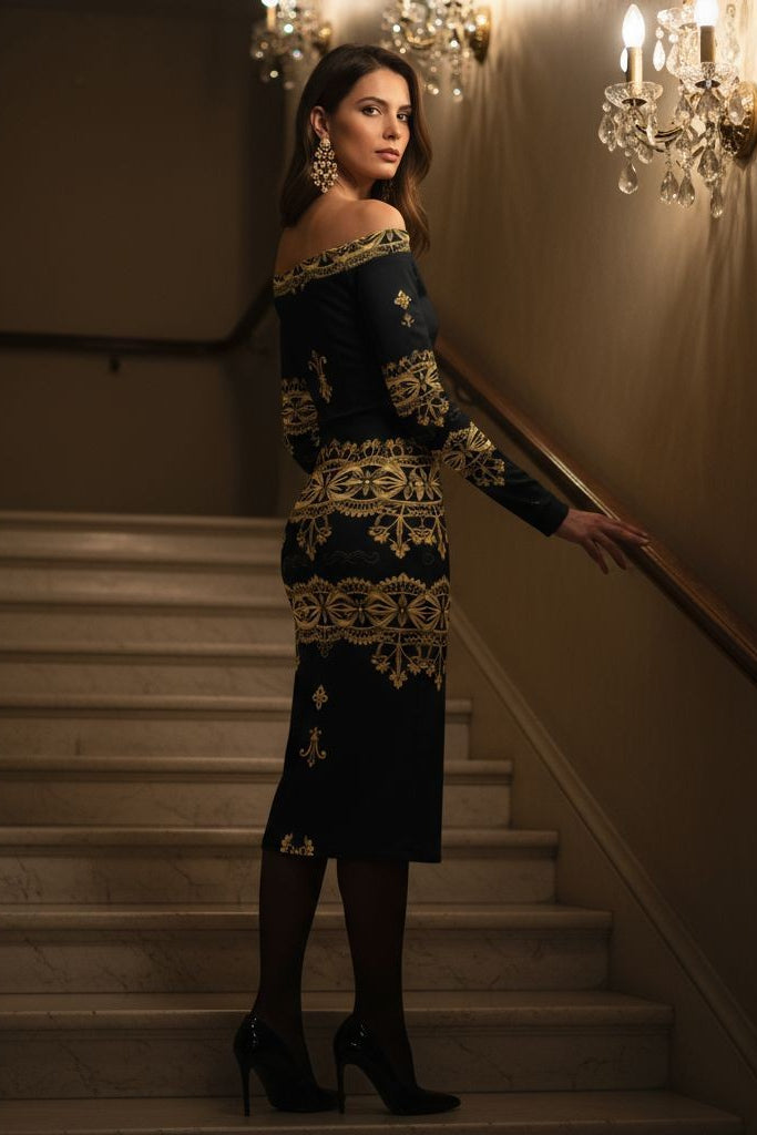 Czarna Regnum- Black and Gold Dark Feminine Midi bodycon dress Elegant Evening Outfit