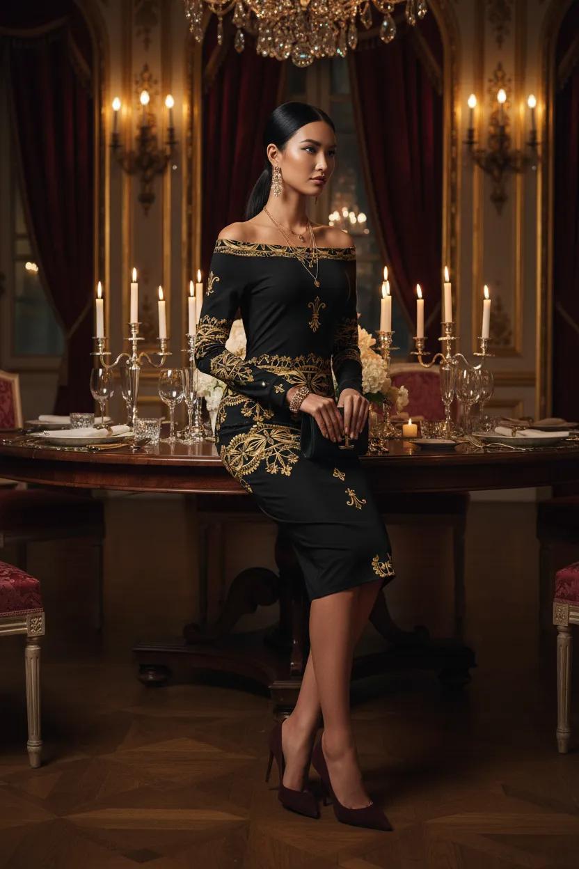 Czarna Regnum Black and Gold Baroque Midi Bodycon Dress Elegant Evening Outfit