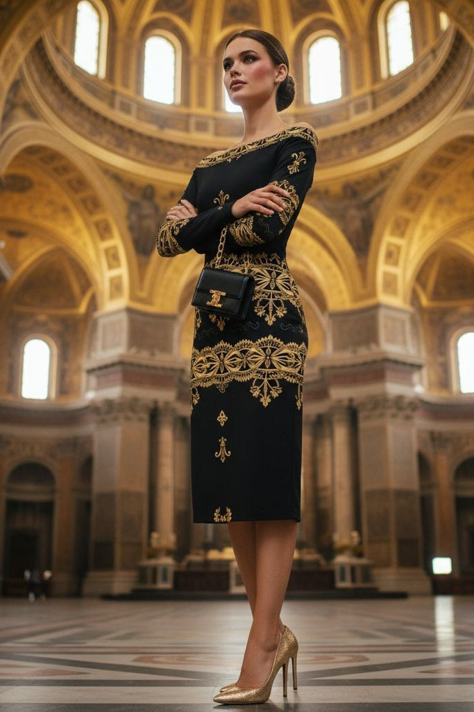 Czarna Regnum Black and Gold Baroque Midi bodycon dress Elegant Evening Outfit