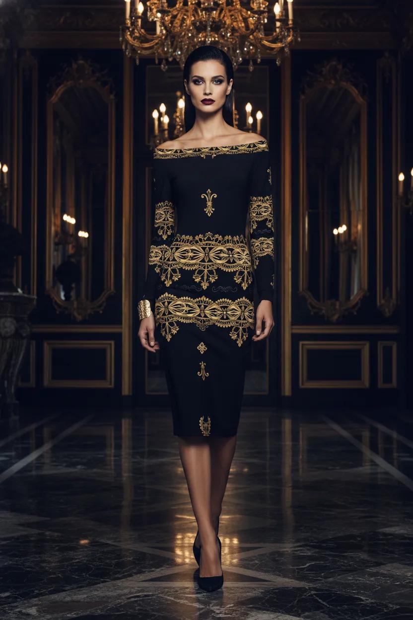 black gold baroque dress Baroque Gold & Black, Nautical Signature Women's Fitted Dress