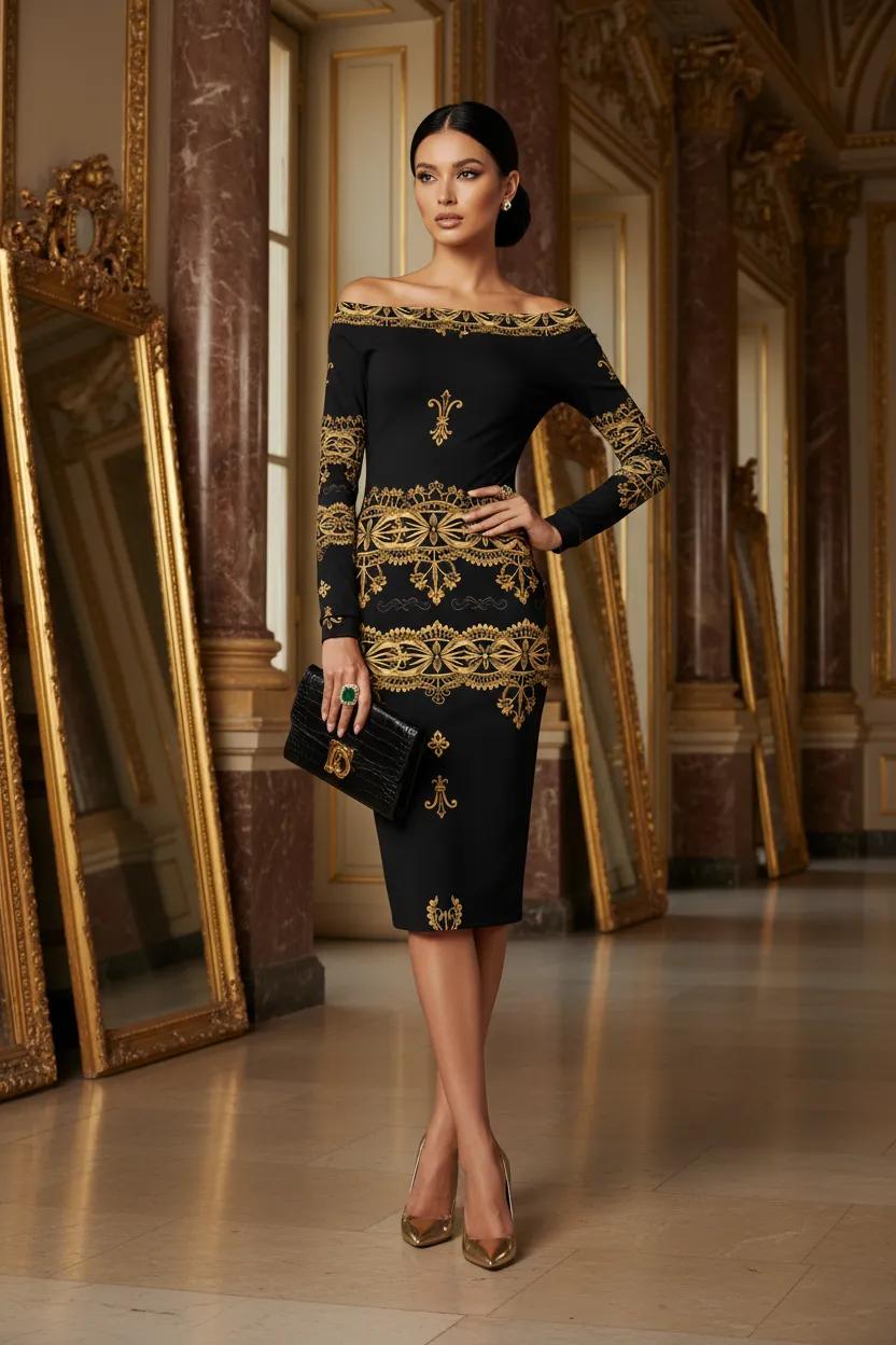 black and gold bodycon dress Czarna Regnum- Black and Gold Baroque Midi Bodycon Dress-S-6XL