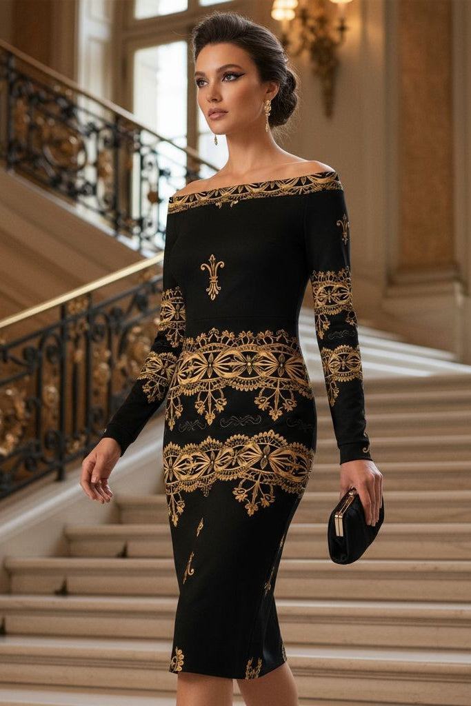 Czarna Regnum Black and Gold Dark Feminine Midi Bodycon Dress Elegant Evening Outfit