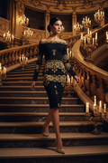 Czarna Regnum Black and Gold Dark Romantic Vamp Midi Bodycon Dress Elegant Evening Outfit