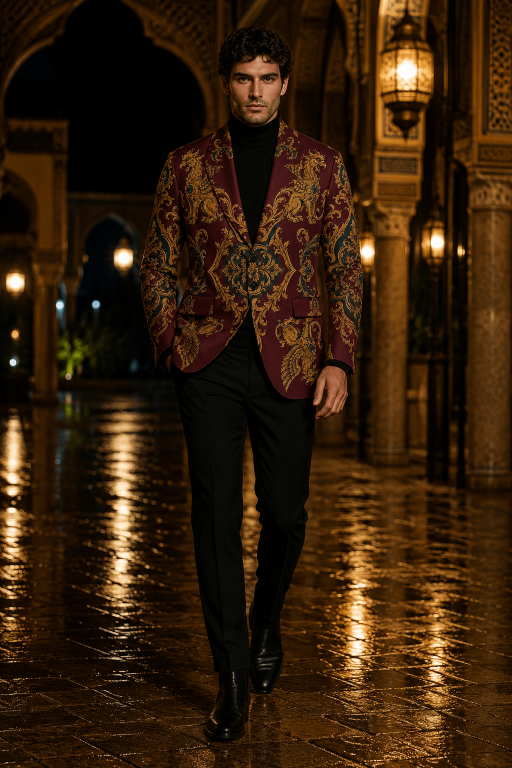 Dark academia inspired men's evening outfit styling a burgundy ornamental blazer over a black fine-knit turtleneck and tailored trousers.