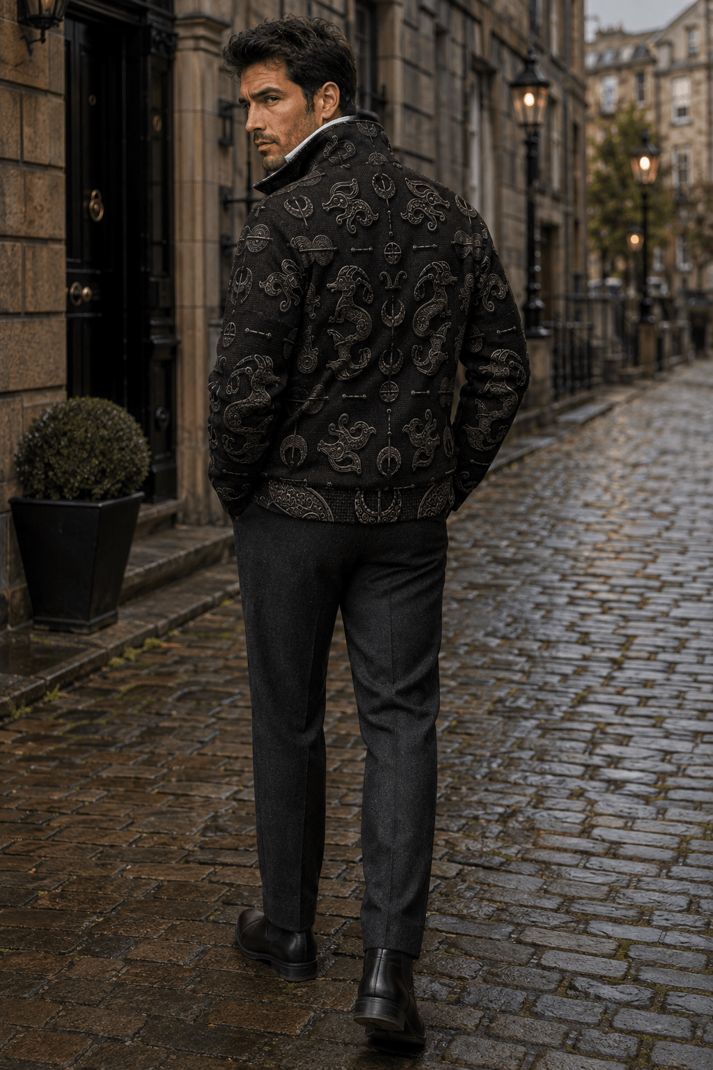 Dark Academia Pictish Emblem Mens Fleece Jacket in stylish elegant evening outfit